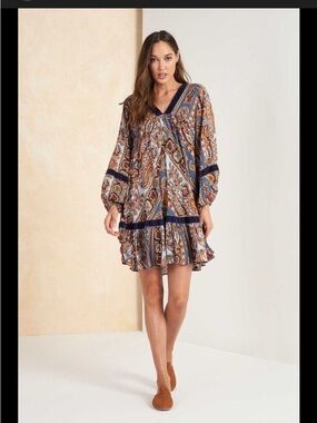 living doll Paisley V-Neck Long Sleeve Mini Dress - Navy, Brown, Tan
